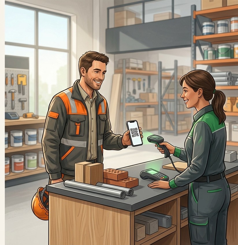 Un ouvrier BTP présente le QR code de son app NégoceID à une négociante qui scanne son autorisation au comptoir
